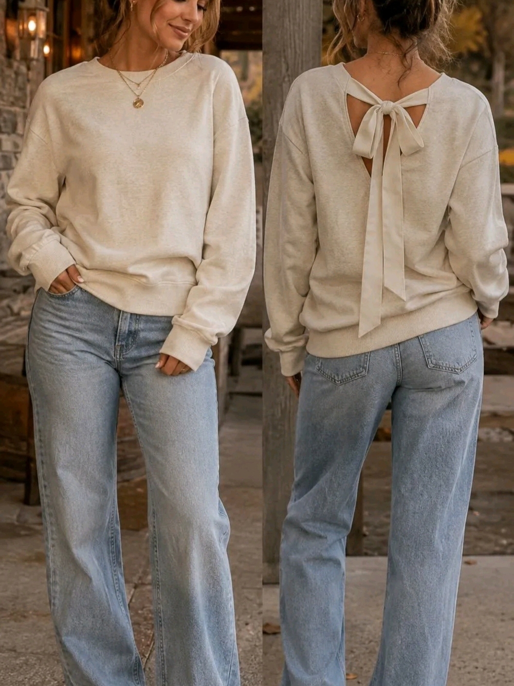 aerie Cream Bow-Back Crewneck Sweater